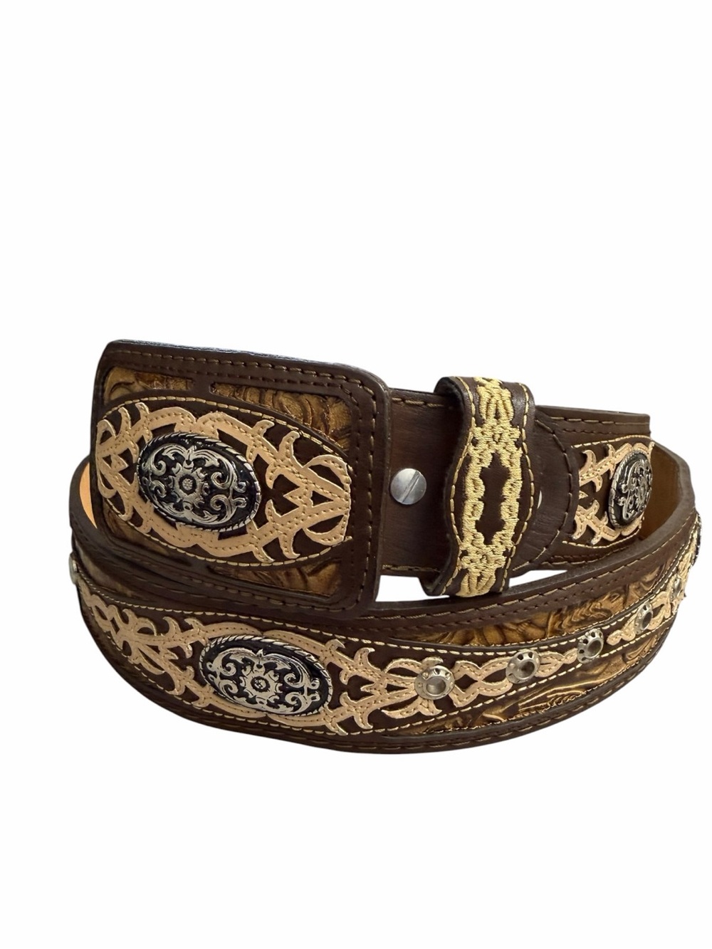 Chedron Embroidered Silvertone Concho Western Leather Belt
